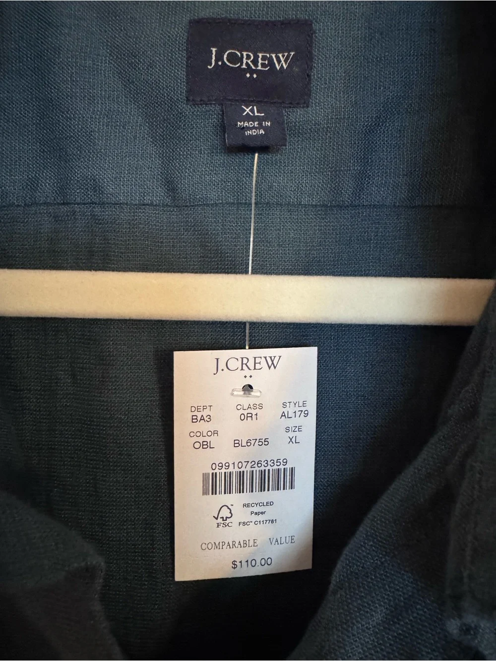 J.Crew Men's 80%Linen/20%Cotton Long Sleeve Shirt